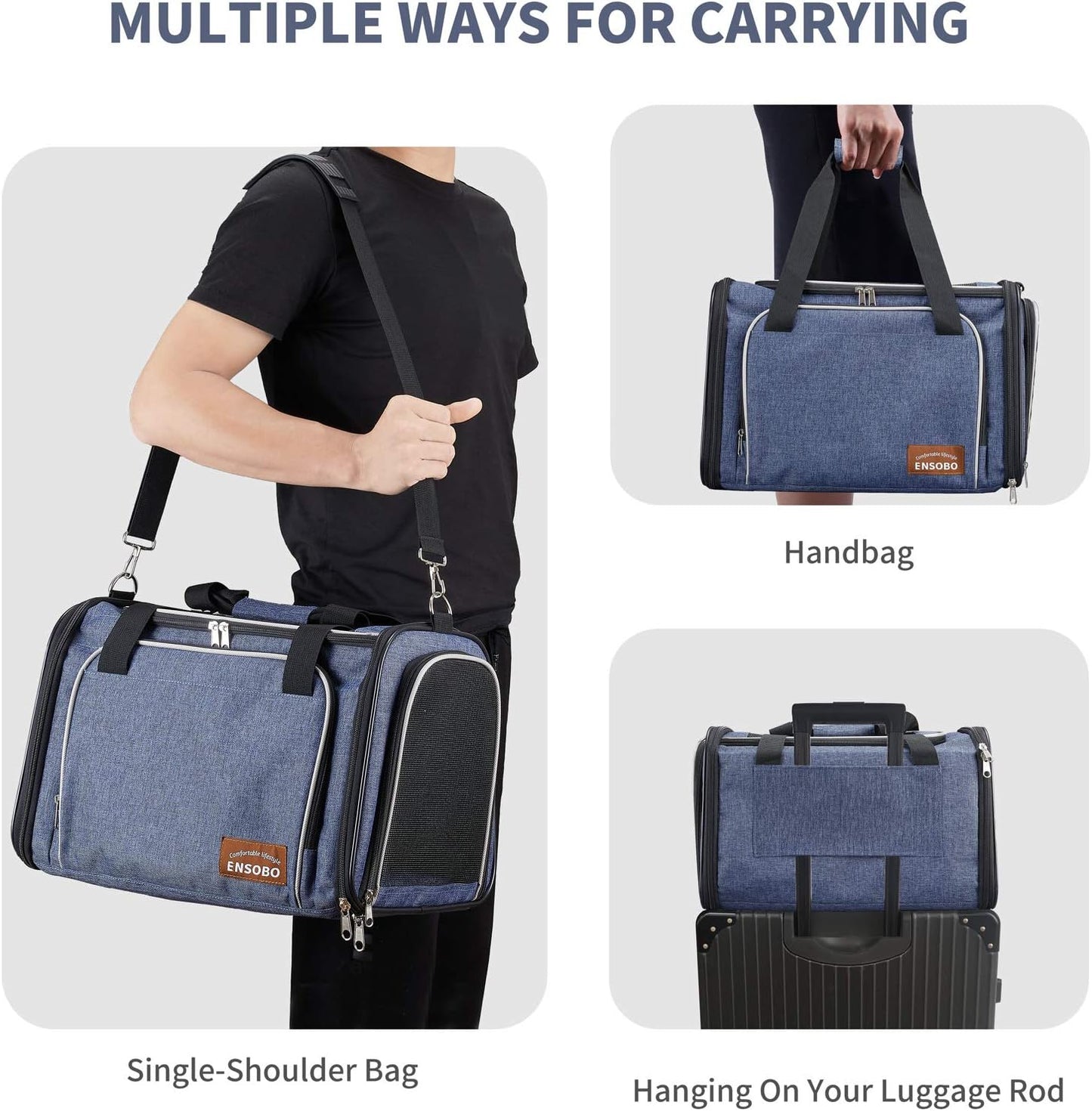 Cat Carrier Bag in Denim Fabric,  Pet Transport Bag for Cats and Small Dogs, TSA Approved Pet Travel Carrier with Two Bigger Side Bags, Shoulder Strap for Carrying, Denim Blue