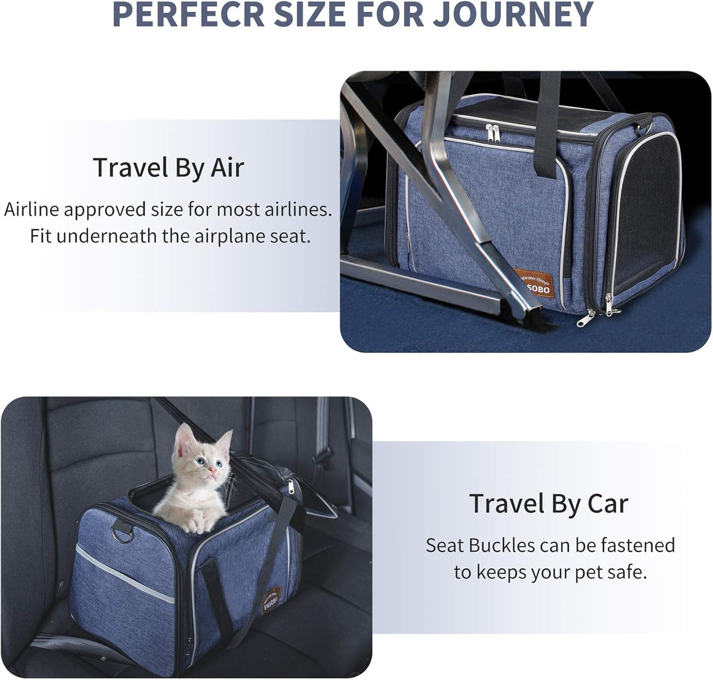 Cat Carrier Bag in Denim Fabric,  Pet Transport Bag for Cats and Small Dogs, TSA Approved Pet Travel Carrier with Two Bigger Side Bags, Shoulder Strap for Carrying, Denim Blue
