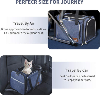 Cat Carrier Bag in Denim Fabric,  Pet Transport Bag for Cats and Small Dogs, TSA Approved Pet Travel Carrier with Two Bigger Side Bags, Shoulder Strap for Carrying, Denim Blue