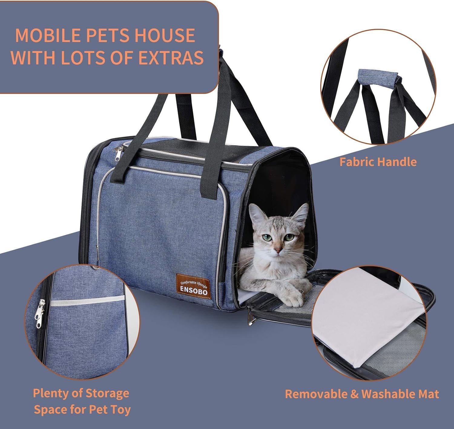 Cat Carrier Bag in Denim Fabric,  Pet Transport Bag for Cats and Small Dogs, TSA Approved Pet Travel Carrier with Two Bigger Side Bags, Shoulder Strap for Carrying, Denim Blue