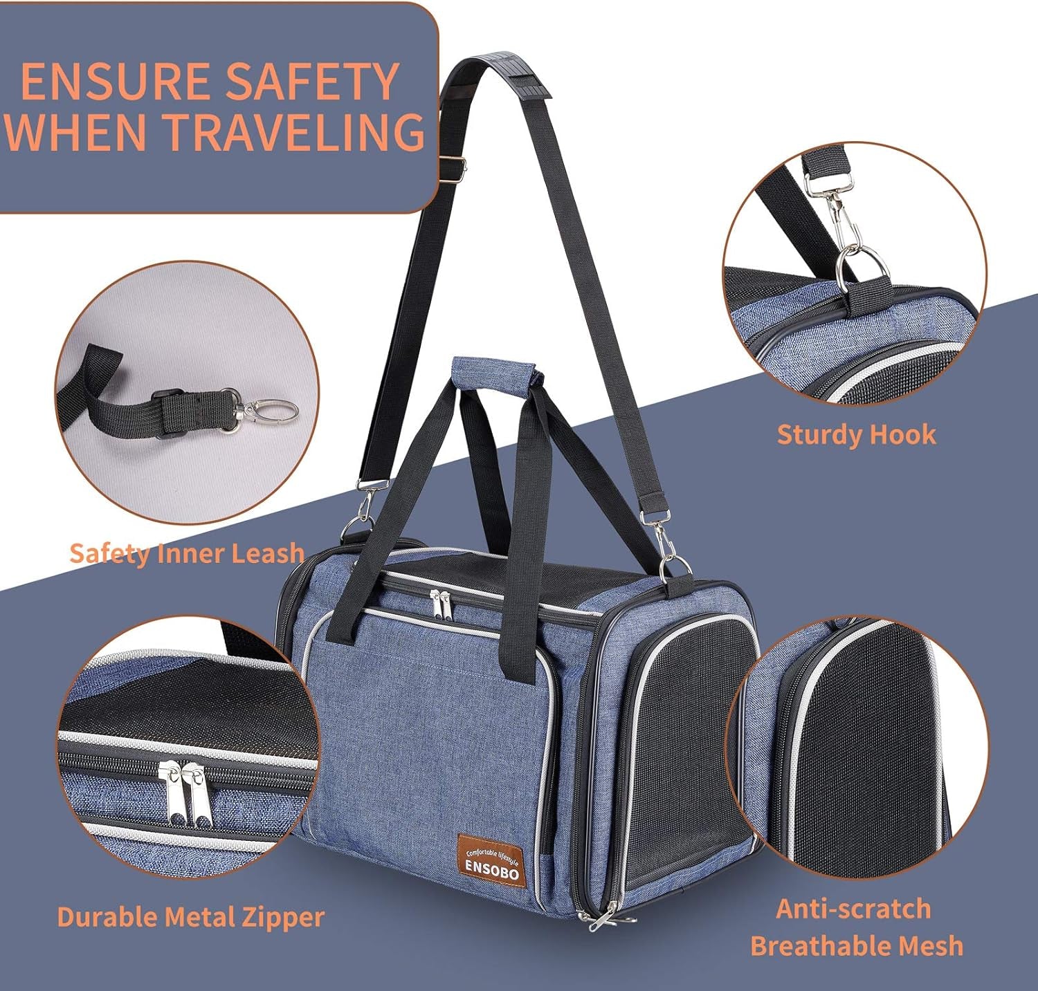 Cat Carrier Bag in Denim Fabric,  Pet Transport Bag for Cats and Small Dogs, TSA Approved Pet Travel Carrier with Two Bigger Side Bags, Shoulder Strap for Carrying, Denim Blue